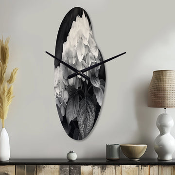 Grey White Hydrangea Bloom II - Asymmetric Metal Wall Clock